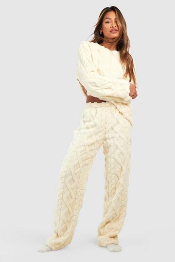 Cream White Cable Knit Fleece Lounge Wide Leg Pants