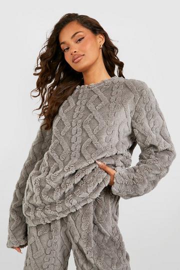 Cable Knit Fleece Lounge Sweatshirt grey