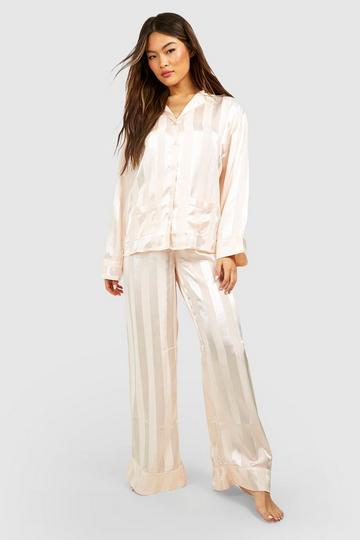 Premium Satin Stripe Double Pocket Pajama Set champagne