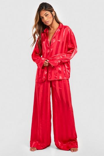 Premium Satin Stripe Double Pocket Long Sleeve Shirt & Trousers Pyjama Set red