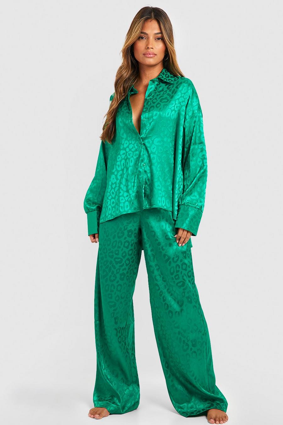 Green Oversized Satijnen Premium Luipaardprint Pyjama Set image number 1
