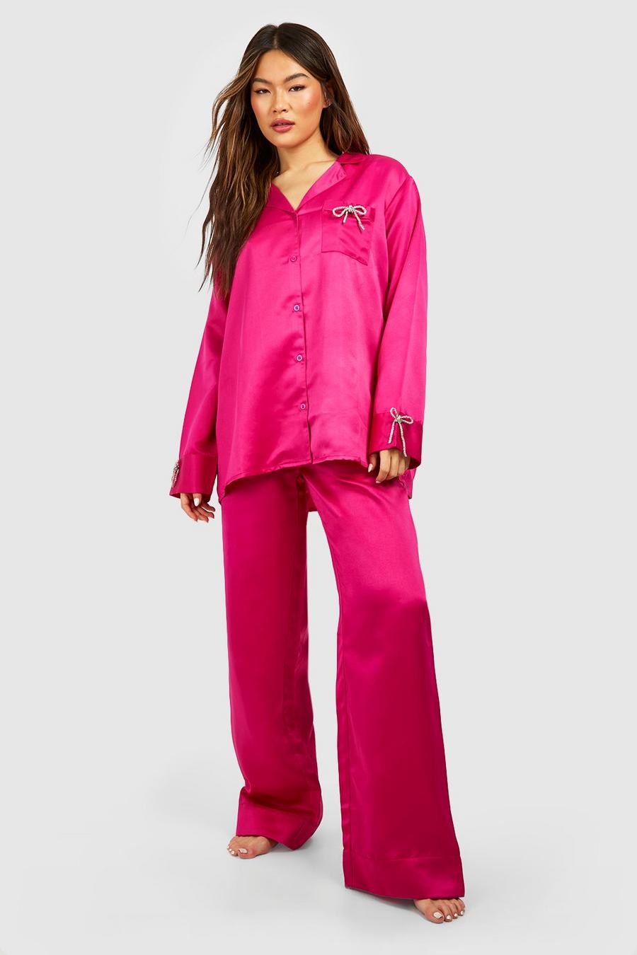 Hot pink rose Premium Overhemd Met Steentjes En Strik En Wide Leg Pyjama Set