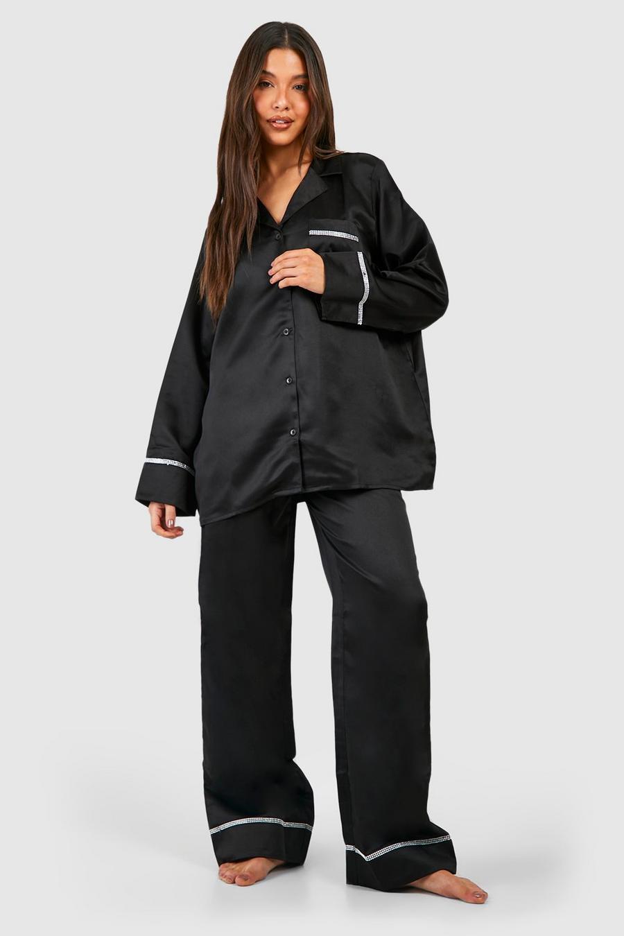 Black Premium Rhinestone Edge Detail Shirt And Pants Set image number 1