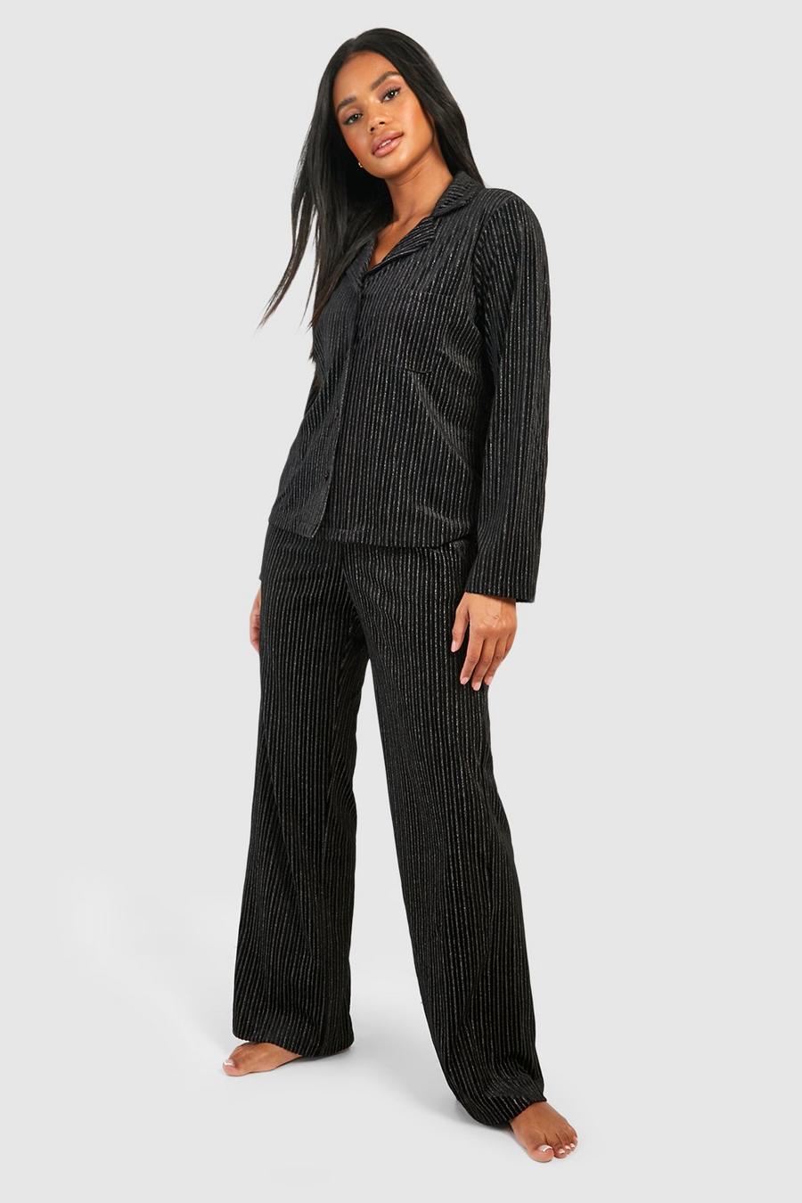 Gestreiftes Premium Samt Pyjama-Set, Black image number 1