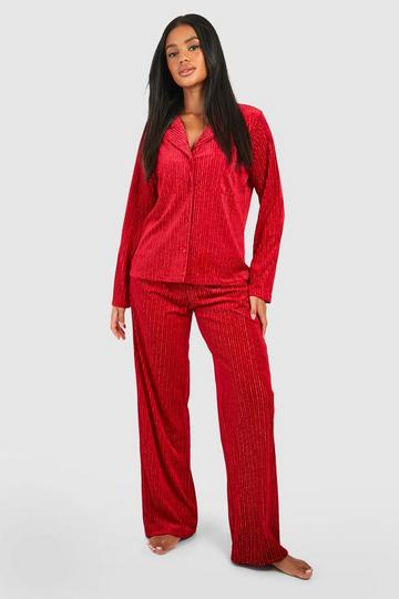 Premium Stripe Velvet Pajama Set red