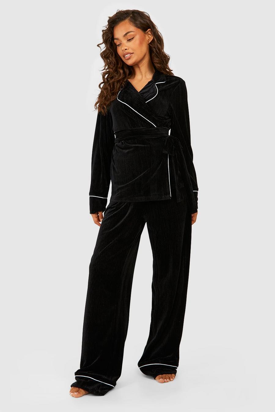 Black Premium Velvet Wrap Top Pajama Set image number 1