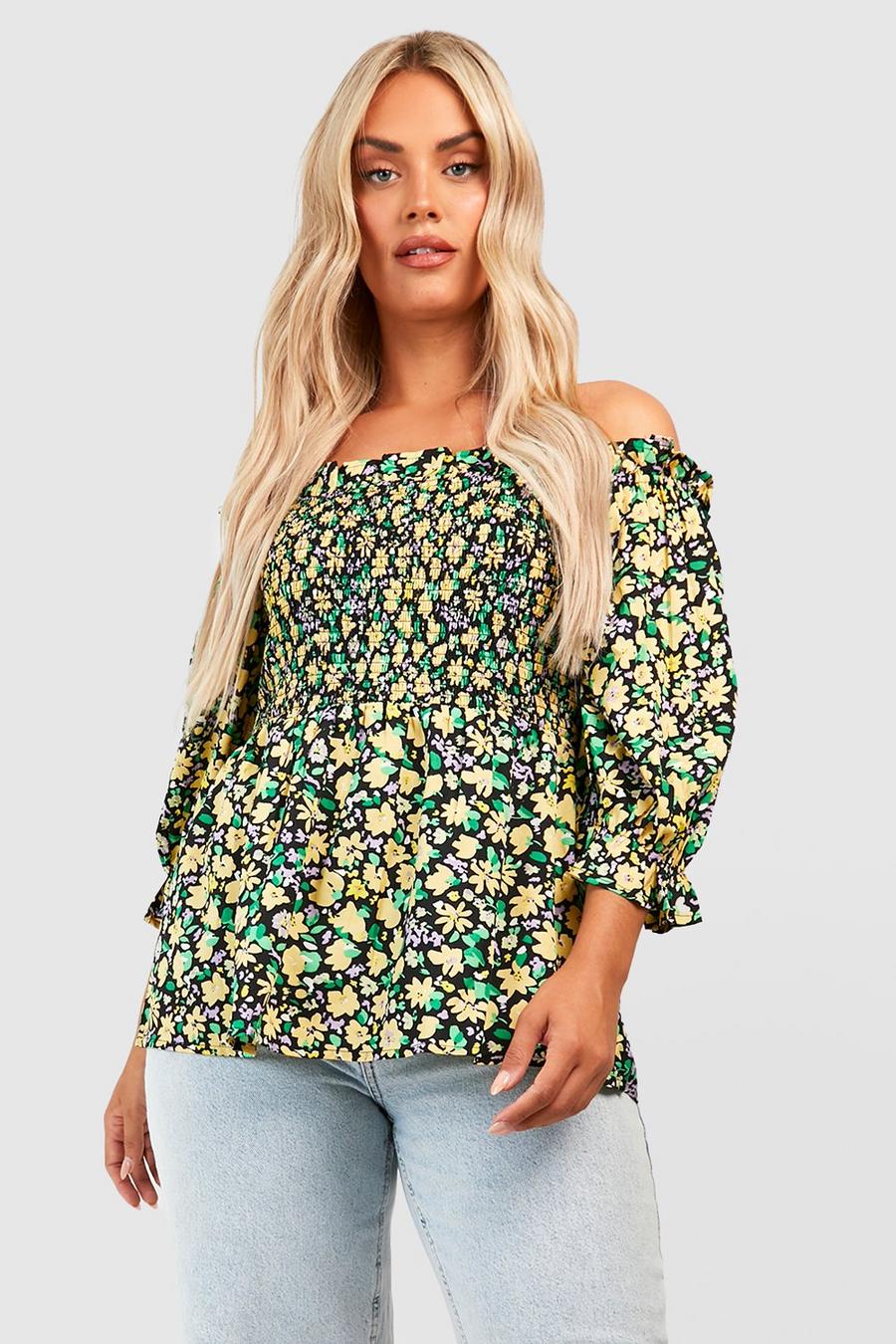 Yellow Plus Floral Shirred Smock Top 