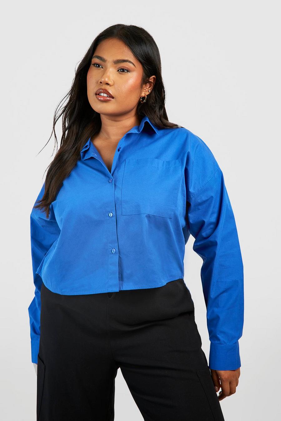 Cobalt blue Plus Cropped Boxy Cotton Shirt