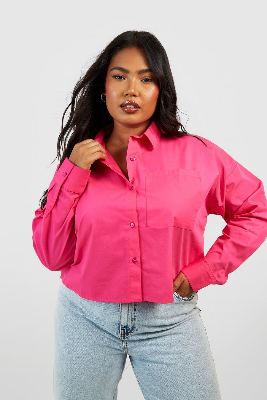 Camicia Plus Size squadrata corta in cotone, Hot pink image number 1