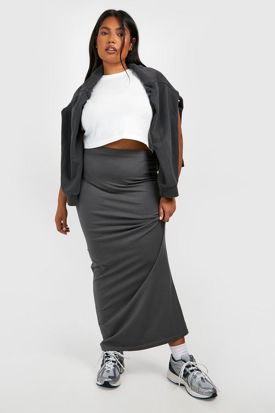 Charcoal Plus Cotton Elastane Basic Maxi Skirt image number 1