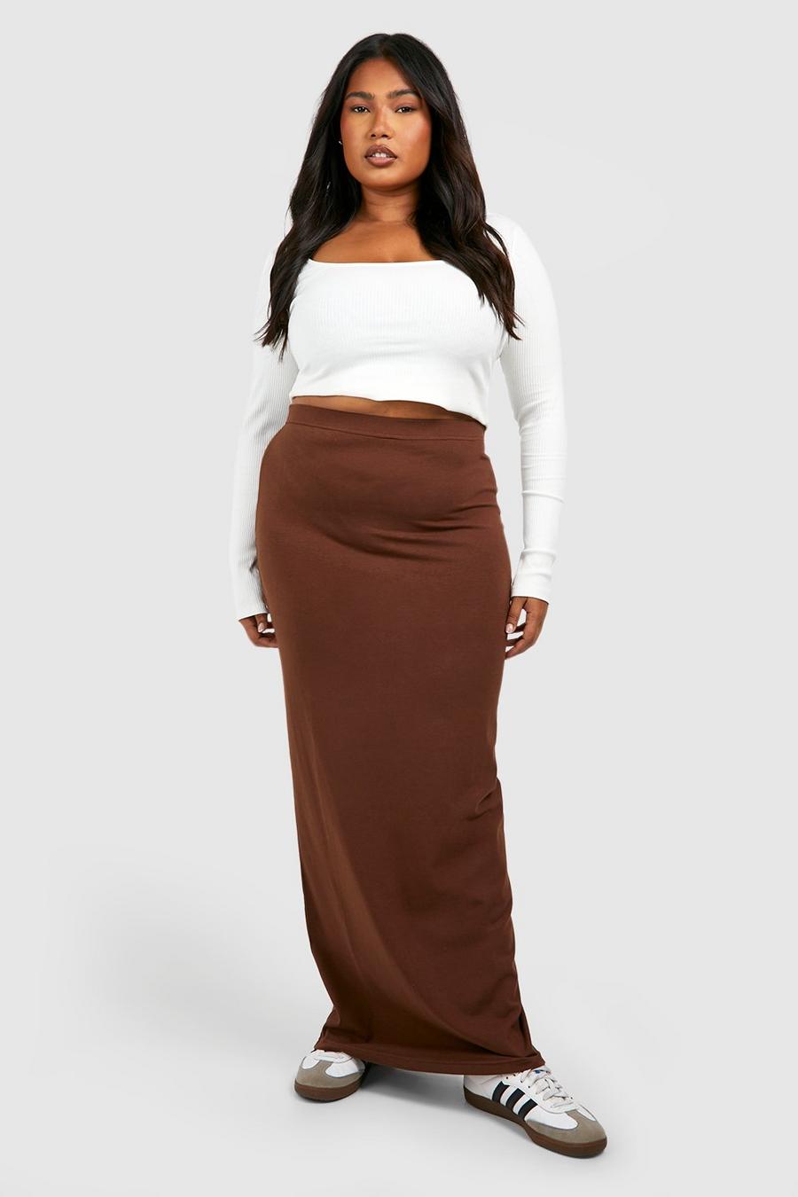 Chocolate brown Plus Cotton Elastane Basic Maxi Skirt