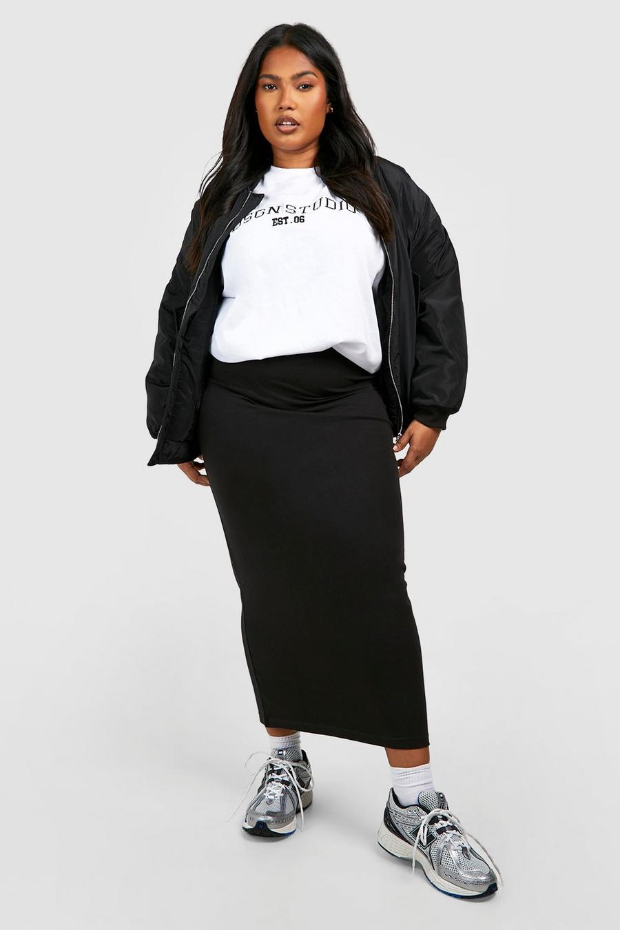 Black Plus Cotton Elastane Basic Midi Skirt image number 1