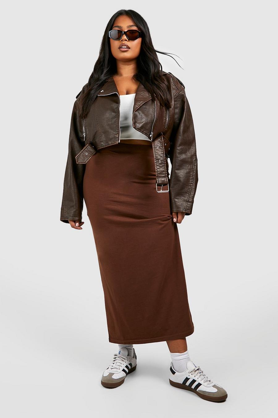 Chocolate marron Plus Cotton Elastane Basic Midaxi Skirt 