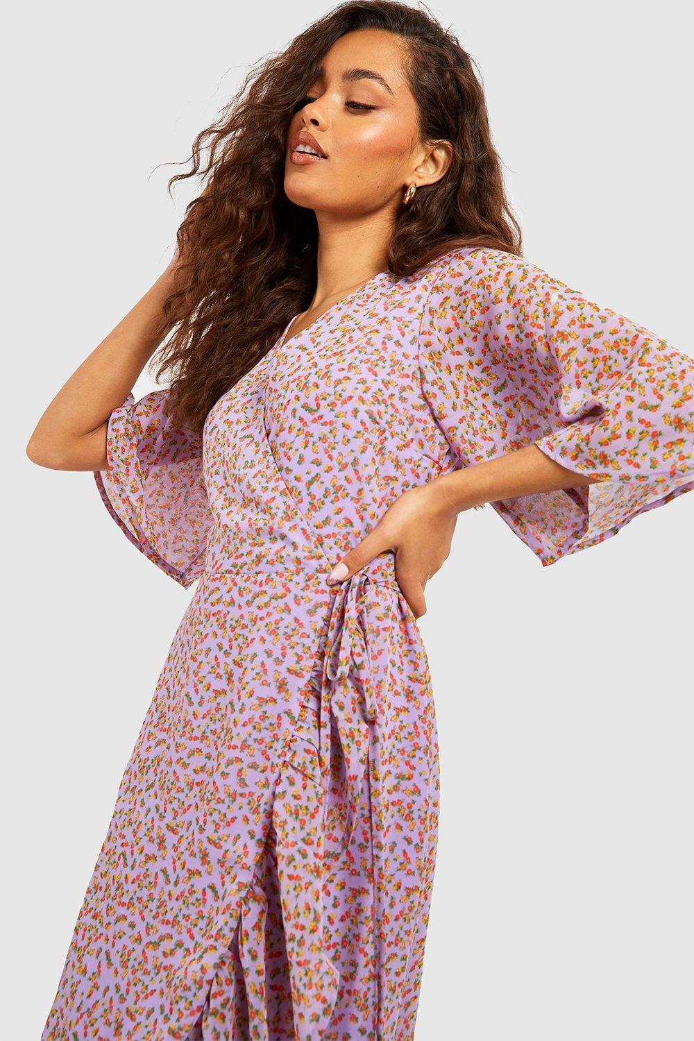 Women s Ditsy Floral Wrap Midi Dress Boohoo UK