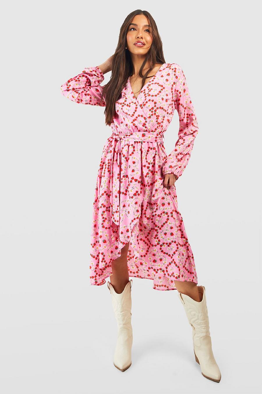 Pink Mönstrad långärmad midiklänning med omlott image number 1