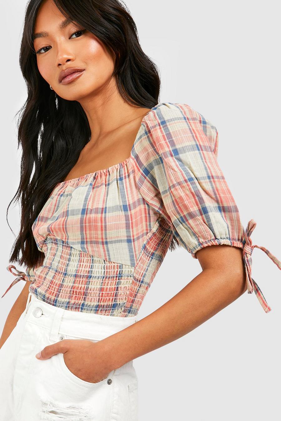 Multi Off The Shoulder Shirred Detail Flannel Top