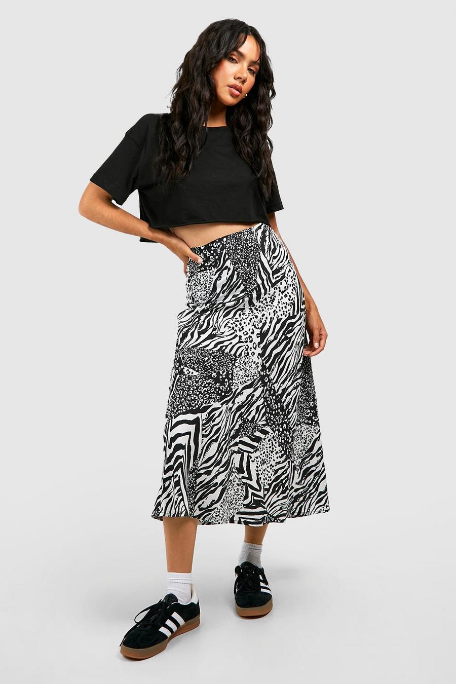 Black Mixed Animal Print Midi Skirt