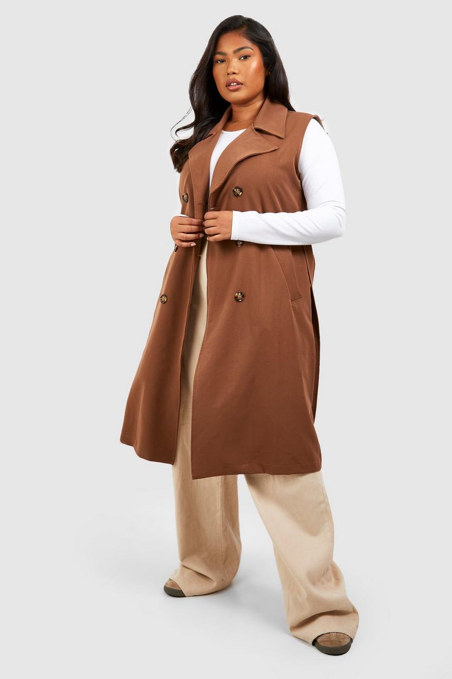 Trench Plus Size lungo smanicato con cintura, Rust image number 1