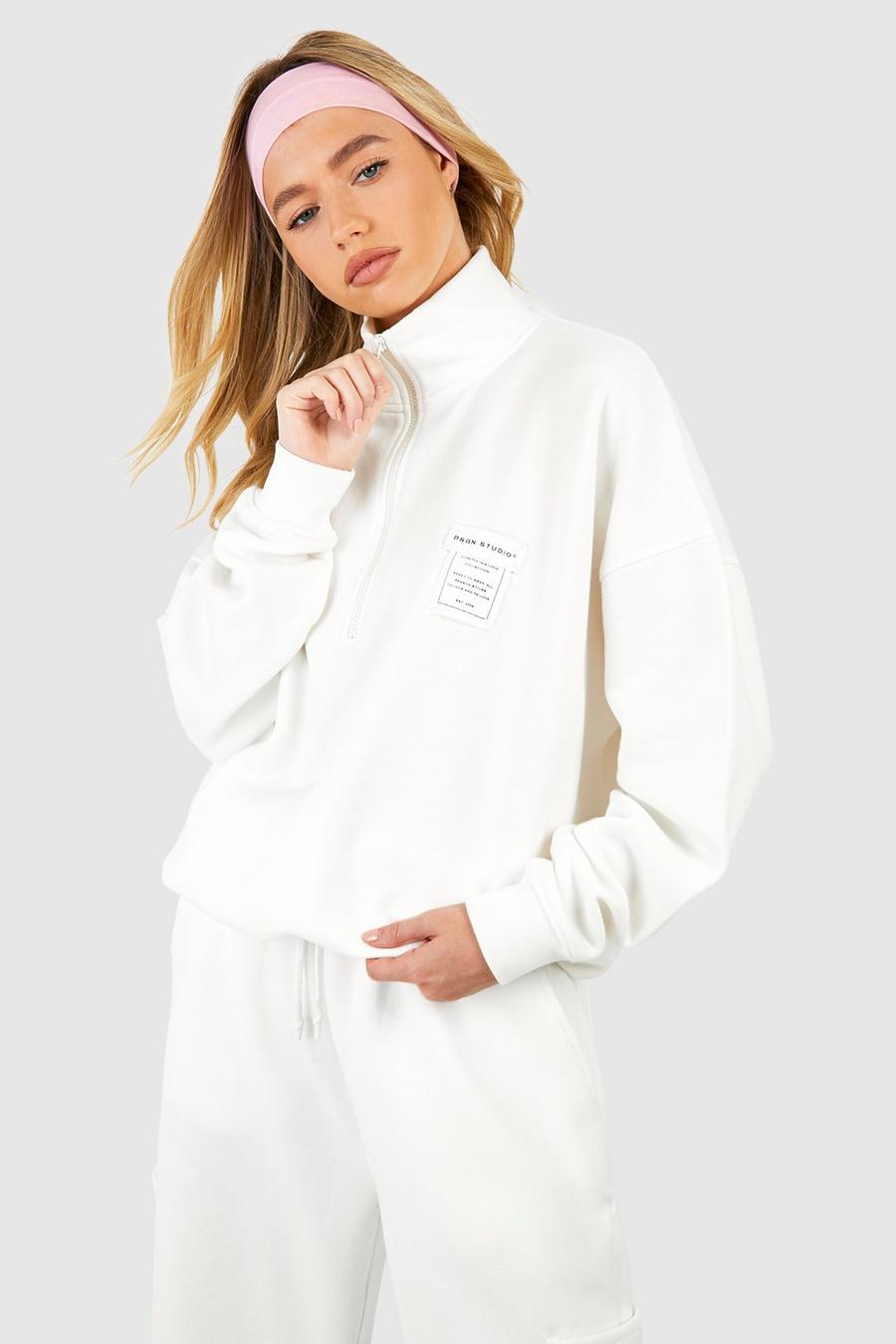 Sweatshirt mit Manhattan-Slogan und halbem Reißverschluss, Ecru white