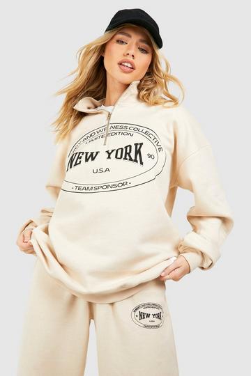 Stone Beige New York Slogan Oversized Half Zip Sweatshirt