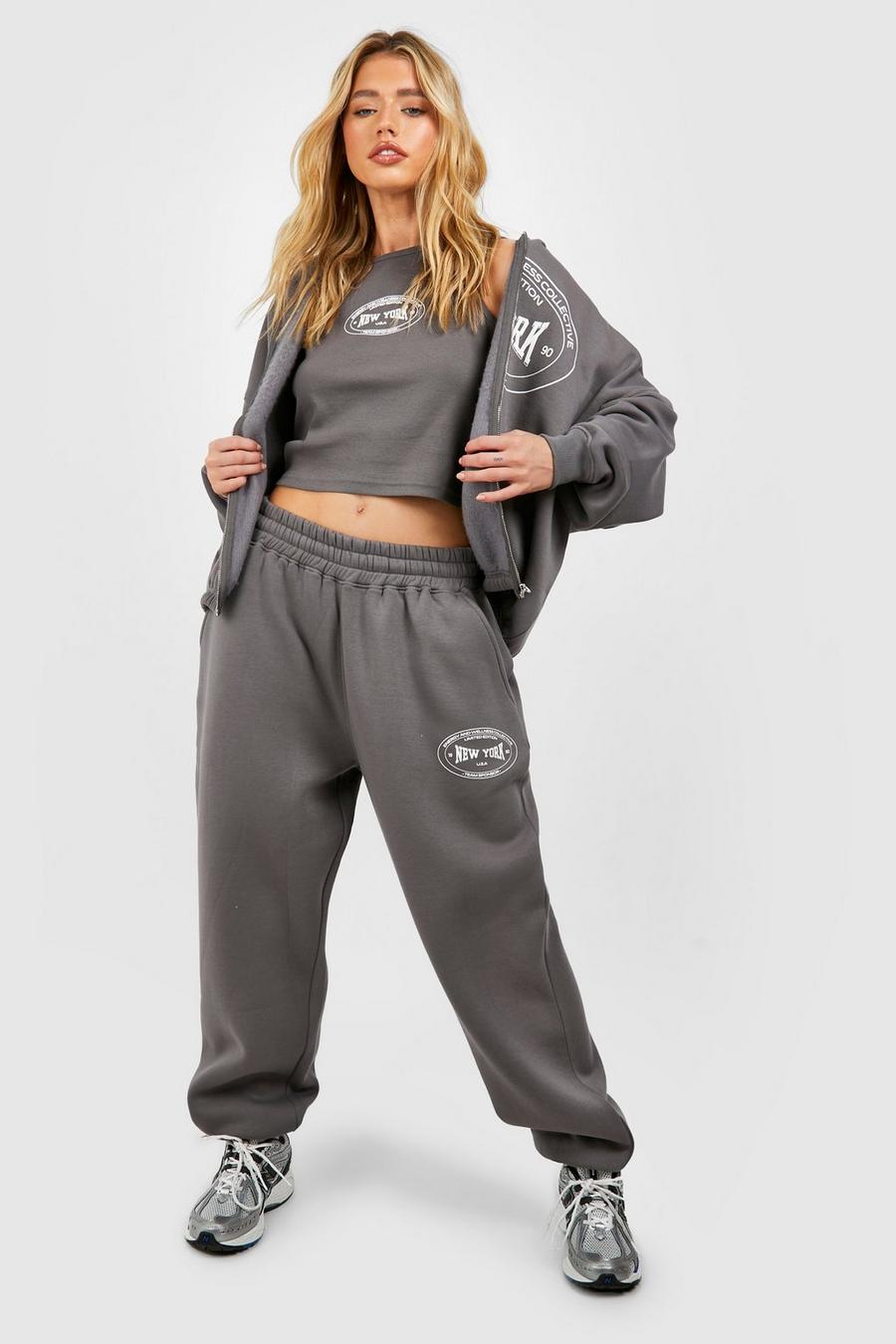 Pantalón deportivo con botamanga y eslogan de New York, Charcoal image number 1