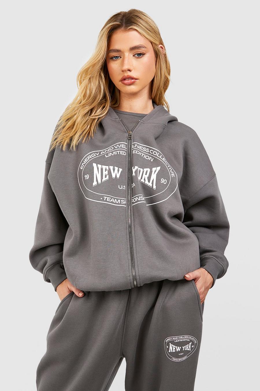 Sudadera con capucha, cremallera y eslogan de New York, Charcoal image number 1
