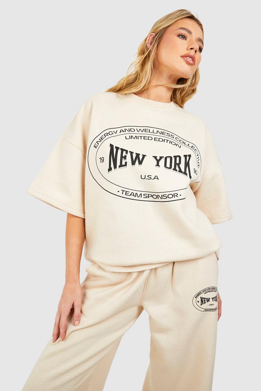 T-shirt oversize à slogan New York, Stone beige