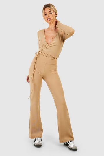 Fold Over Waist Woven Tab Flared Yoga Pants taupe