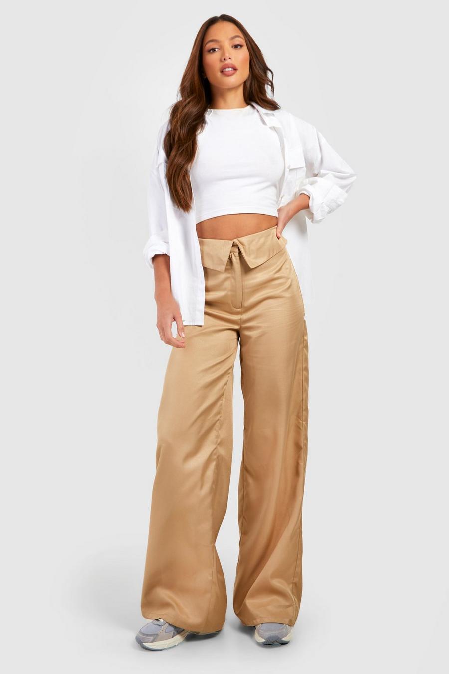 Mocha Tall Fold Over Waistband Wide Leg Trousers image number 1