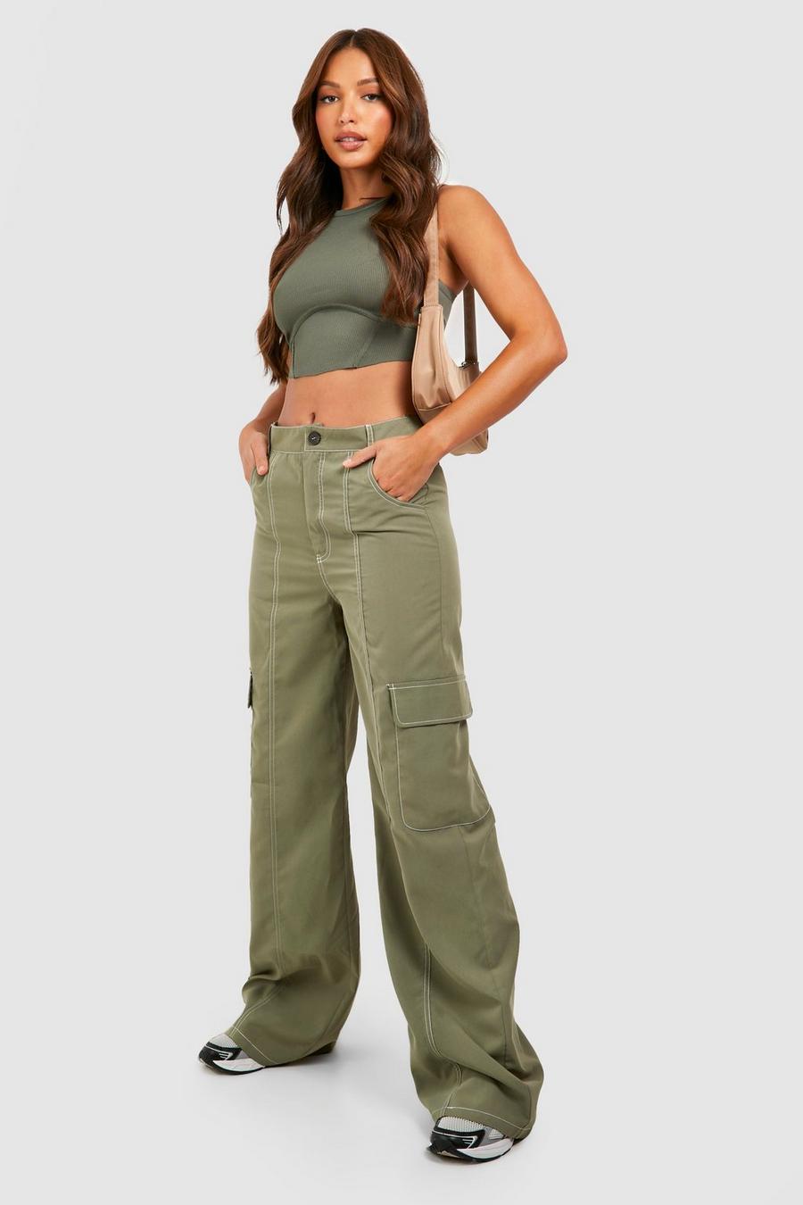 Khaki Tall Contrast Stitch Wide Leg Cargo Pants image number 1