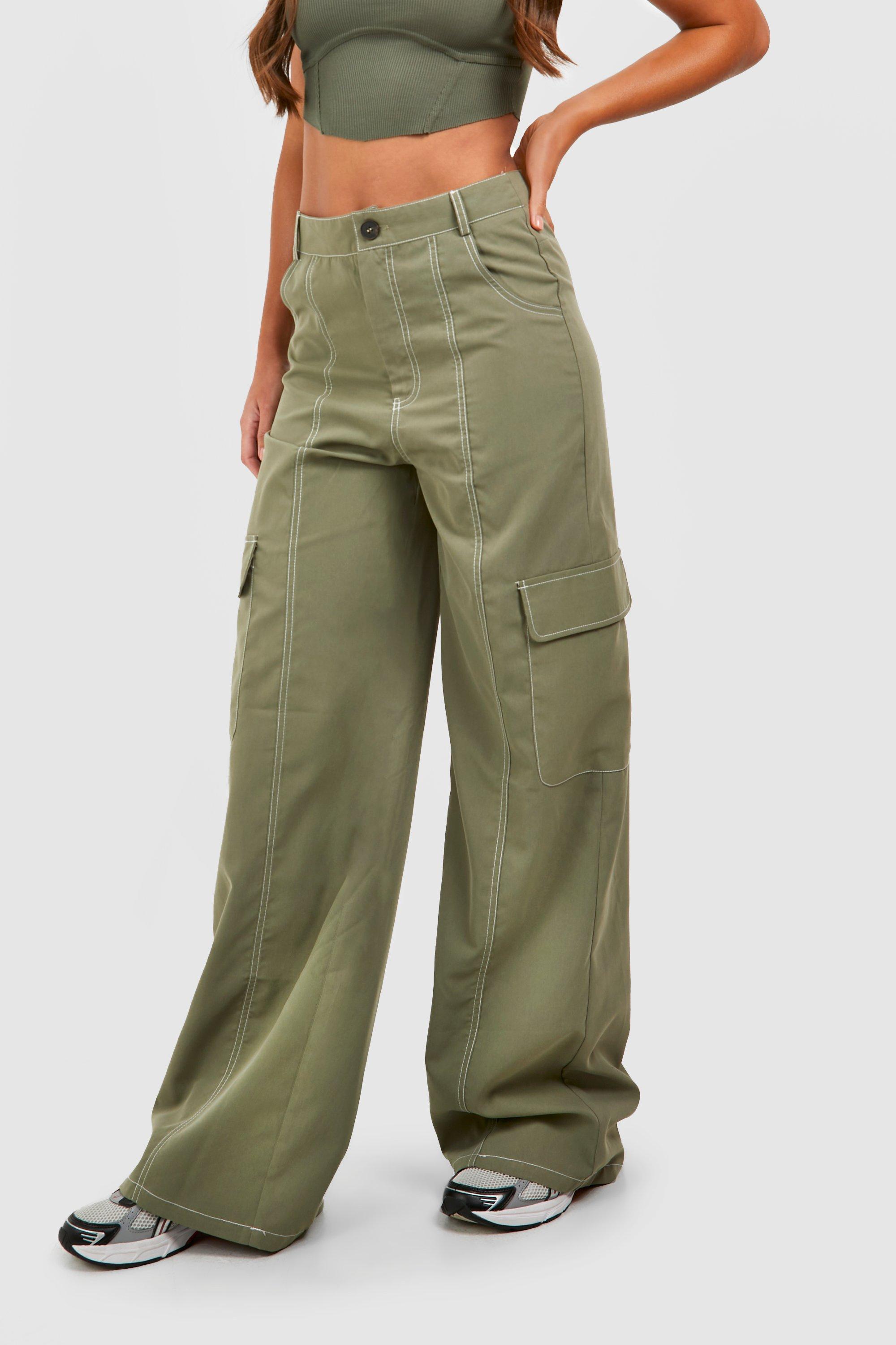 Petite Contrast Stitch Wide Leg Pocket Cargos