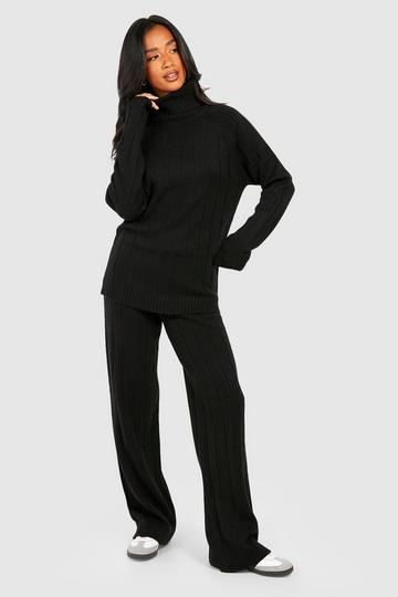 Black Petite Wide Rib Turtleneck & Pants Knitted Two-Piece