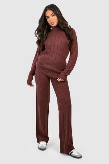 Petite Wide Rib Turtleneck & Pants Knitted Two-Piece chocolate