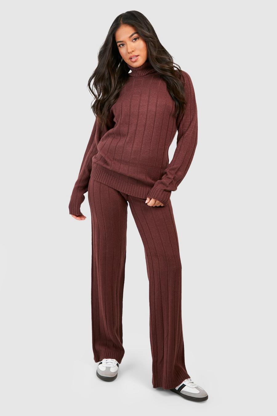Chocolate Petite Wide Rib Roll Neck & Trouser Knitted Co-ord   image number 1