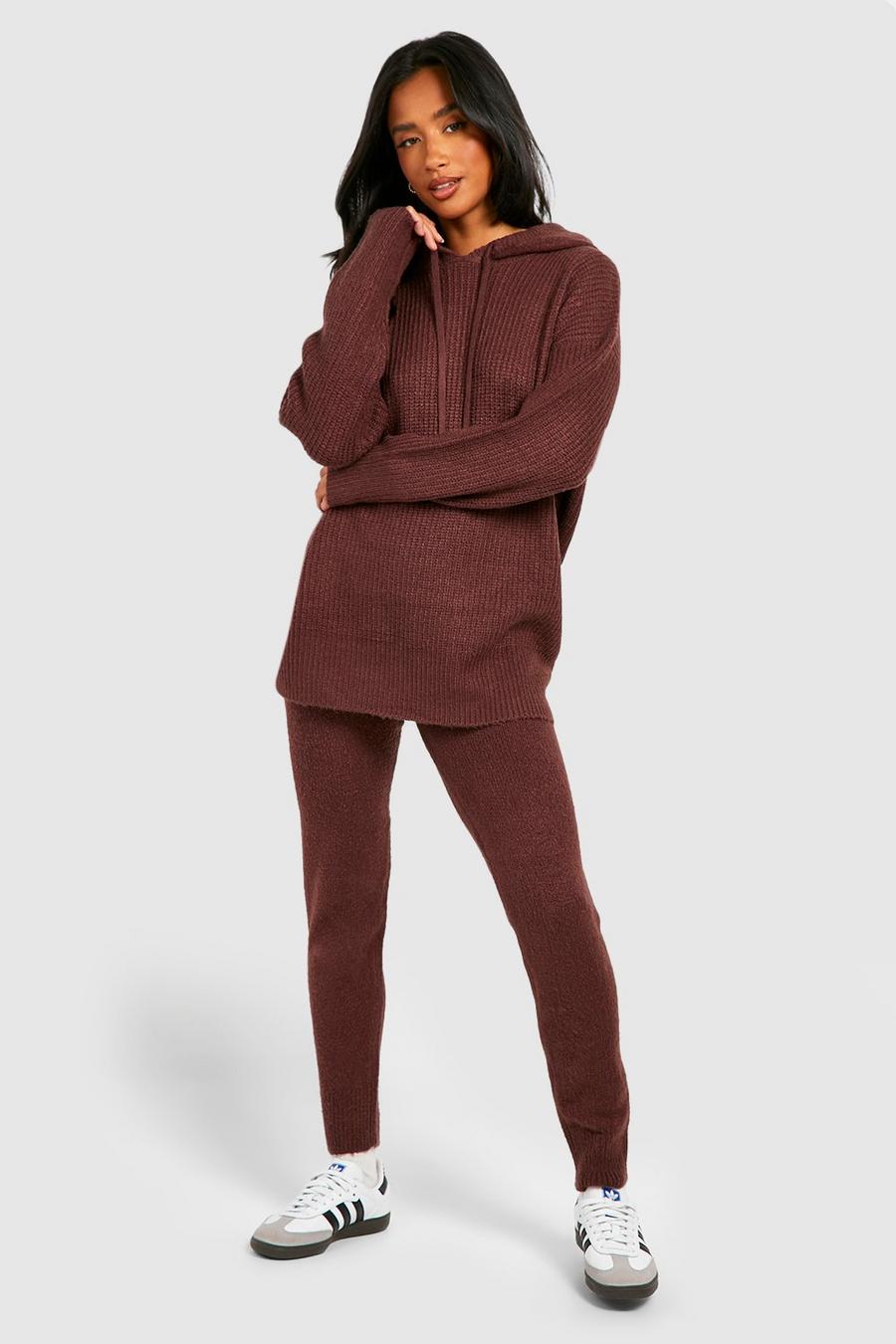 Chocolate Petite Soft Knit Hoodie Co-ord   image number 1