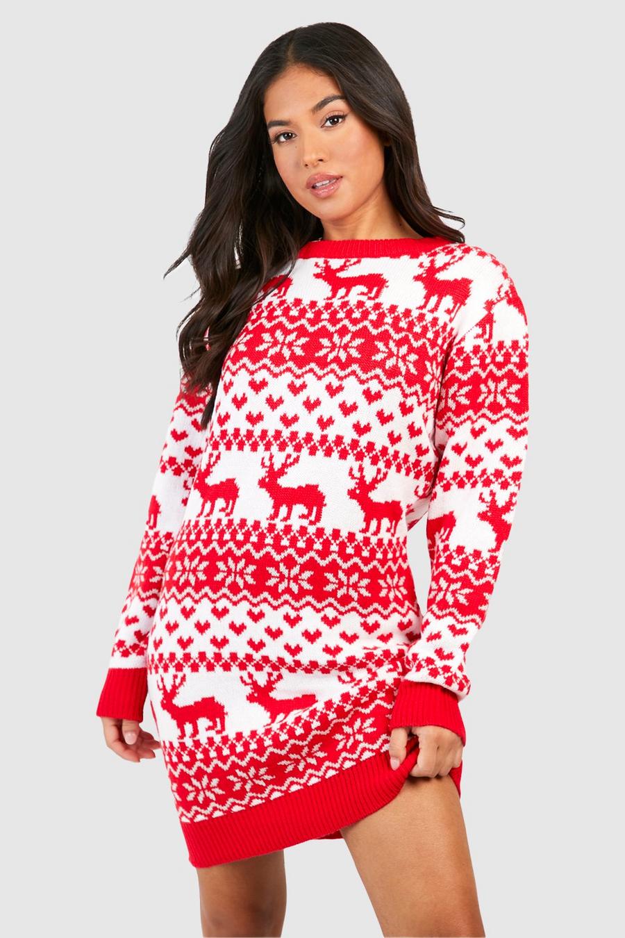 Red Petite Hearts And Reindeer Fairisle Christmas Sweater Dress image number 1