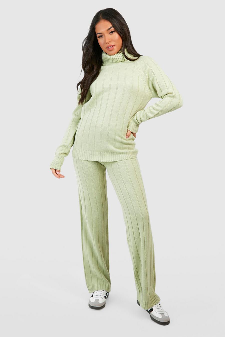 Khaki Petite Wide Rib Turtleneck & Pants Knitted Two-Piece image number 1