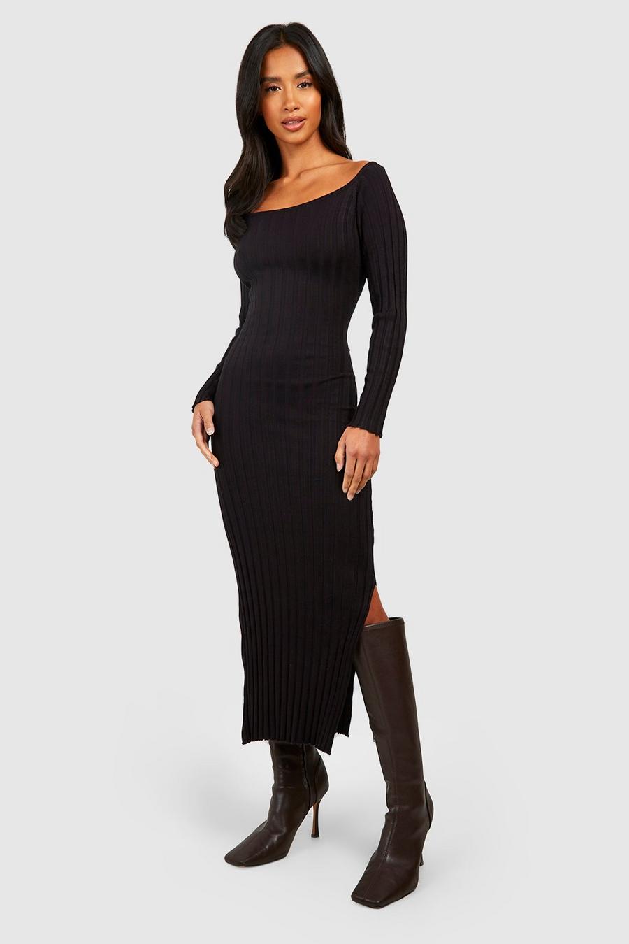 Black Petite Off The Shoulder Rib Knit Maxi Dress  image number 1