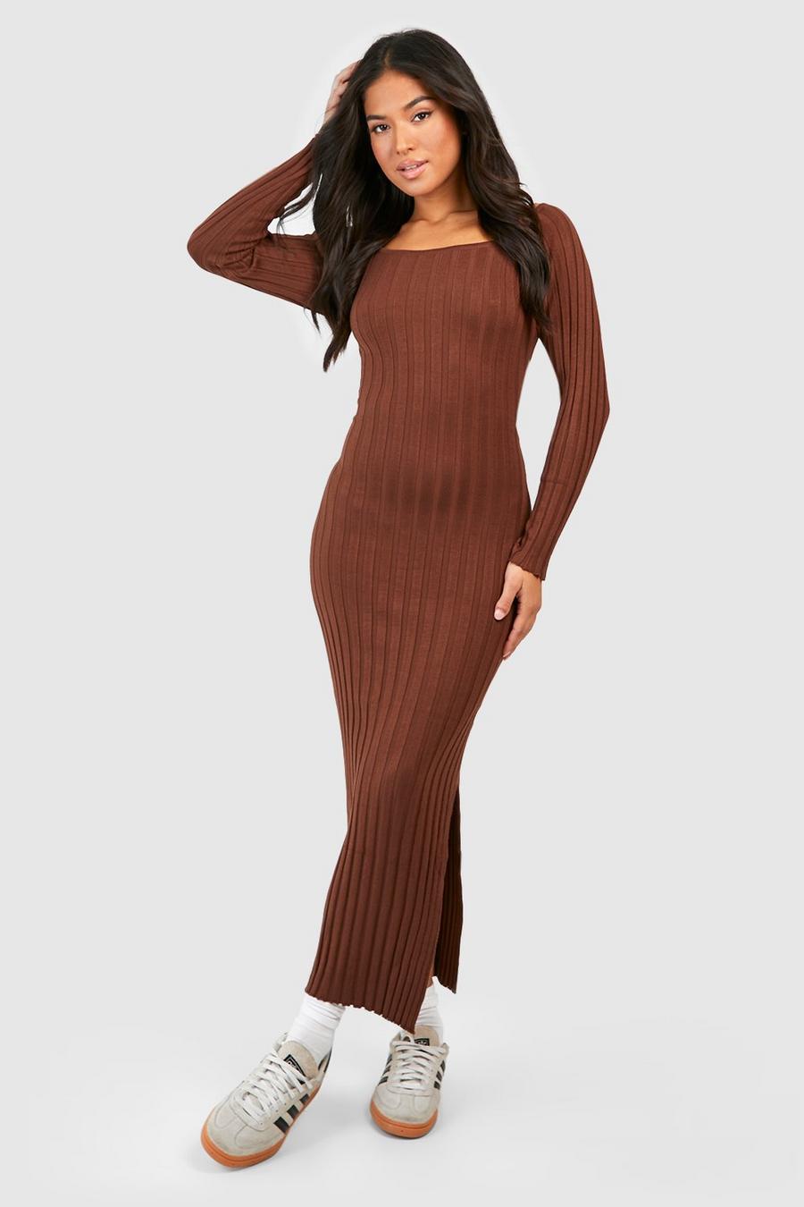 Chocolate brown Petite Off The Shoulder Rib Knit Maxi Dress 