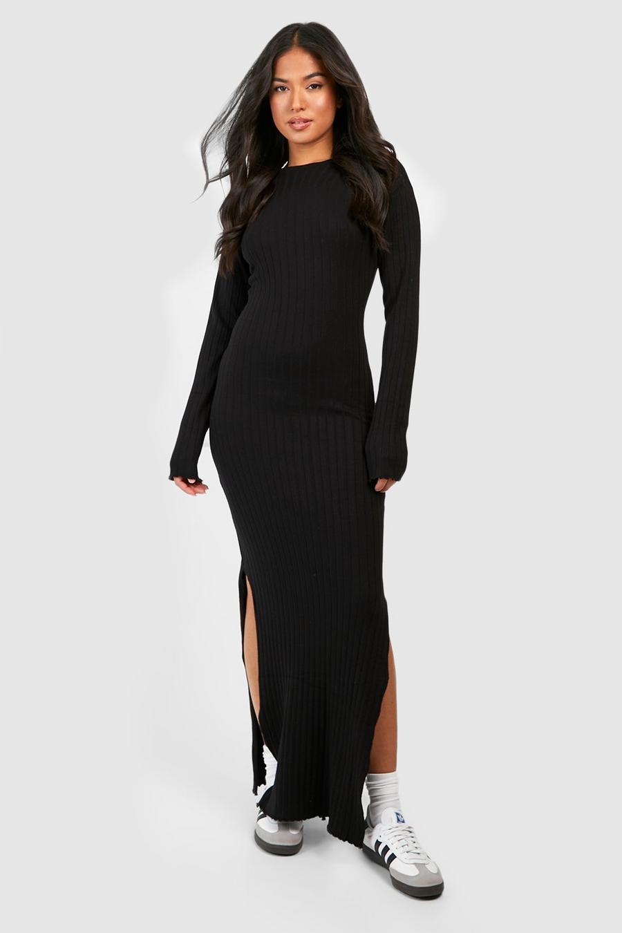 Black Petite Wide Rib Crew Neck Knitted Maxi Dress  image number 1