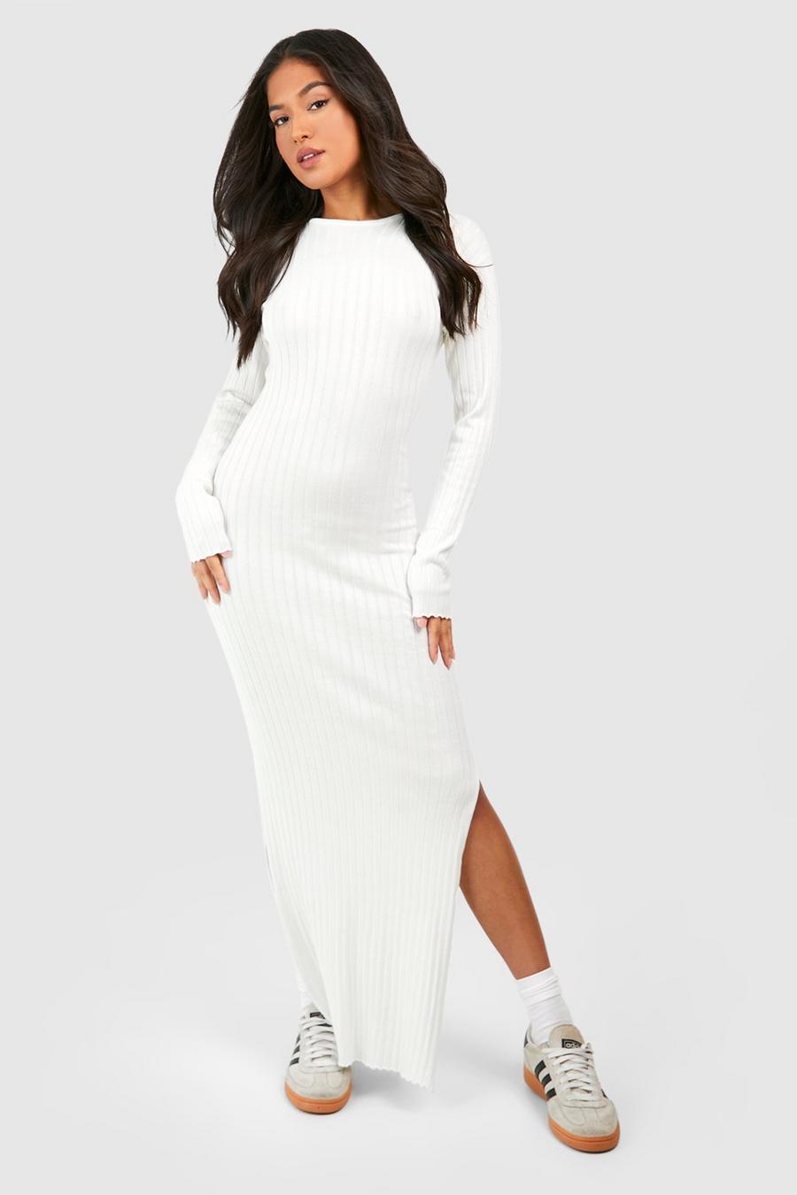 Cream Petite Wide Rib Crew Neck Knitted Maxi Dress  image number 1