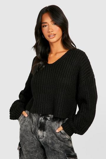 Black Petite Chunky V Neck Sweater