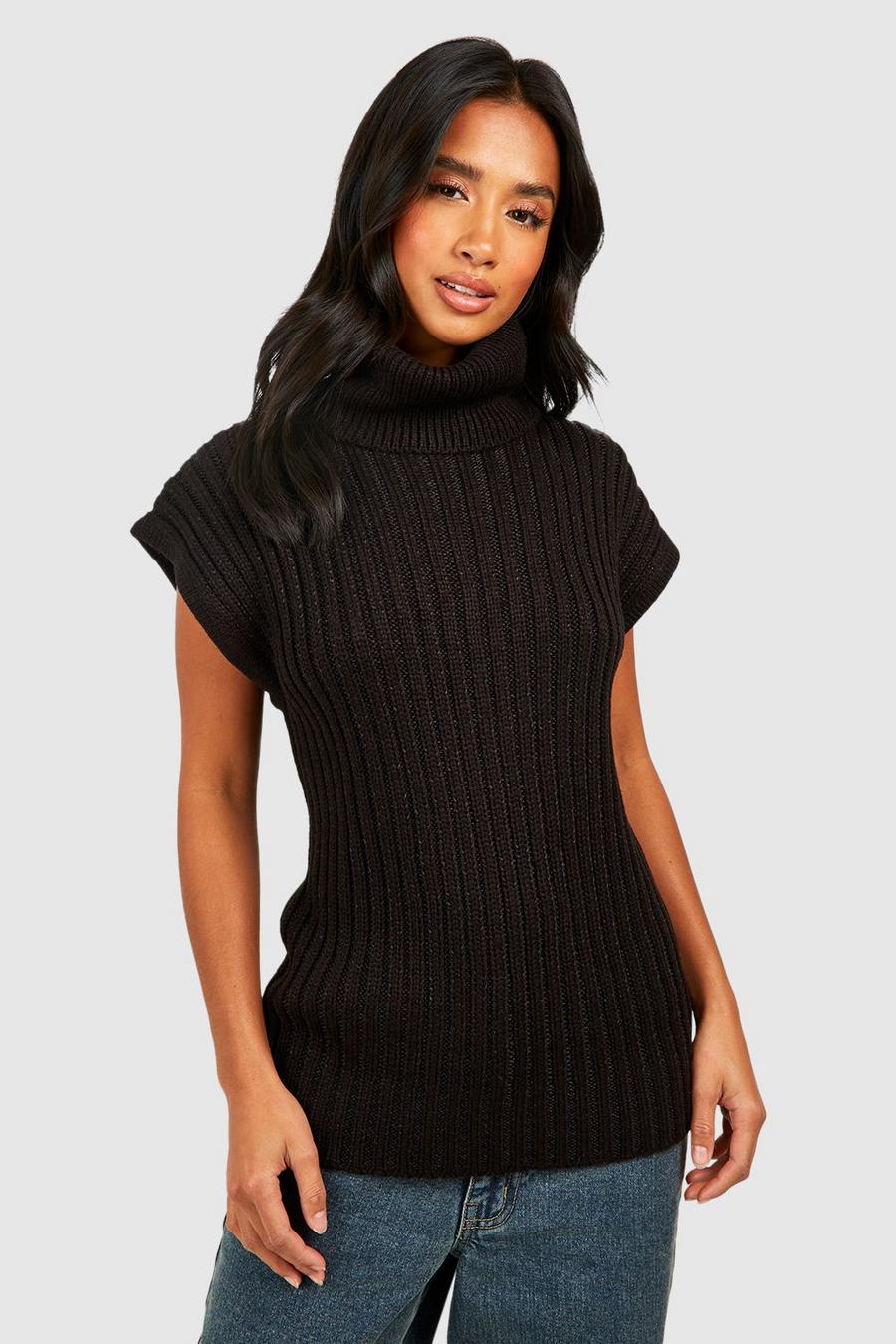 Black Petite Chunky Rib Roll Neck Knitted Tank 