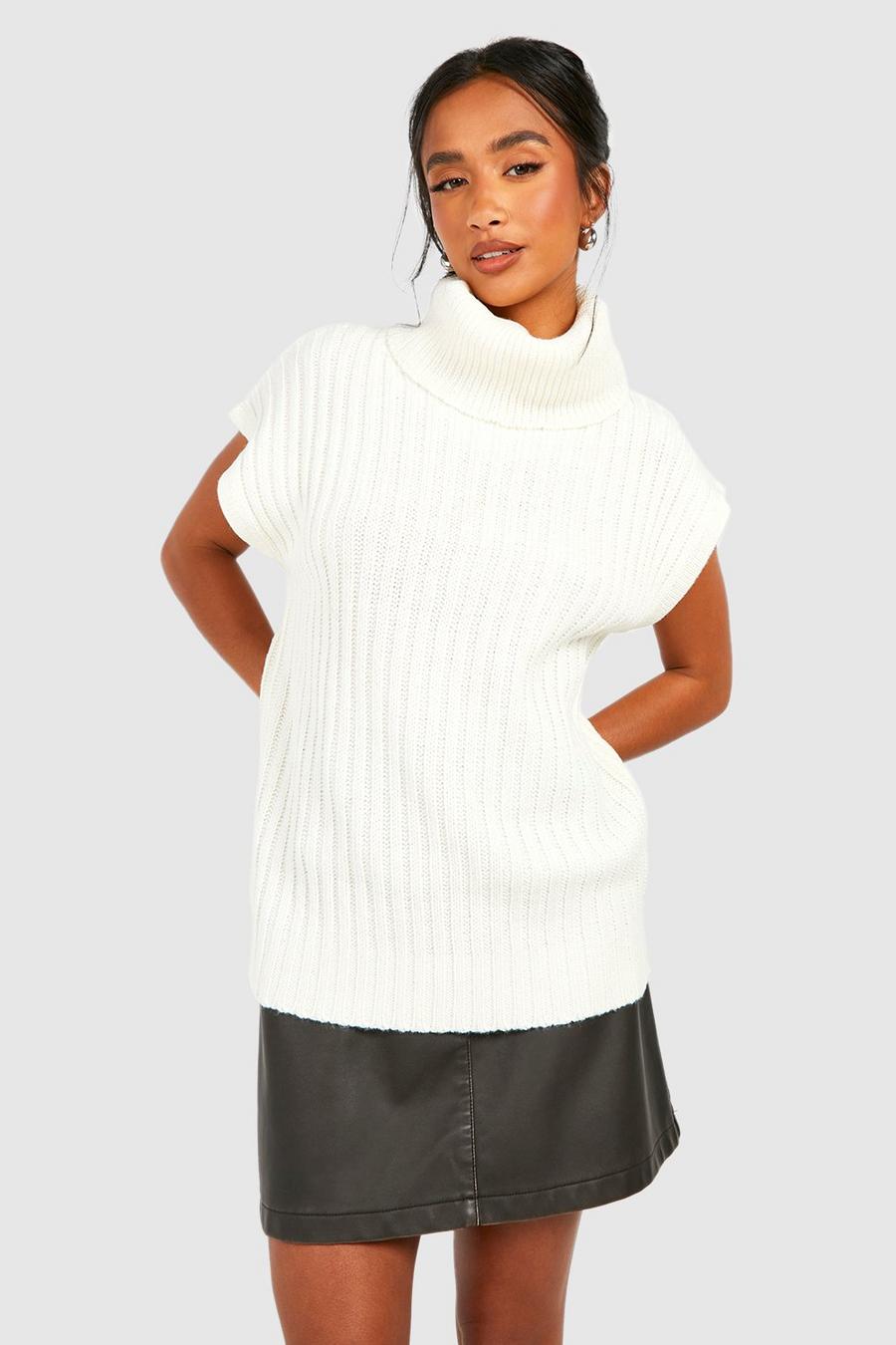 Cream Petite Chunky Rib Roll Neck Knitted Tank  image number 1