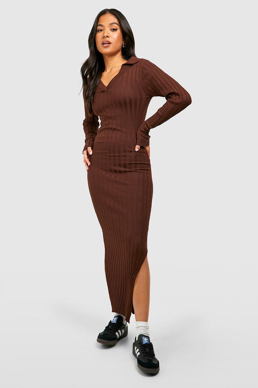 Brown Petite Wide Rib Knitted Maxi Dress  image number 1