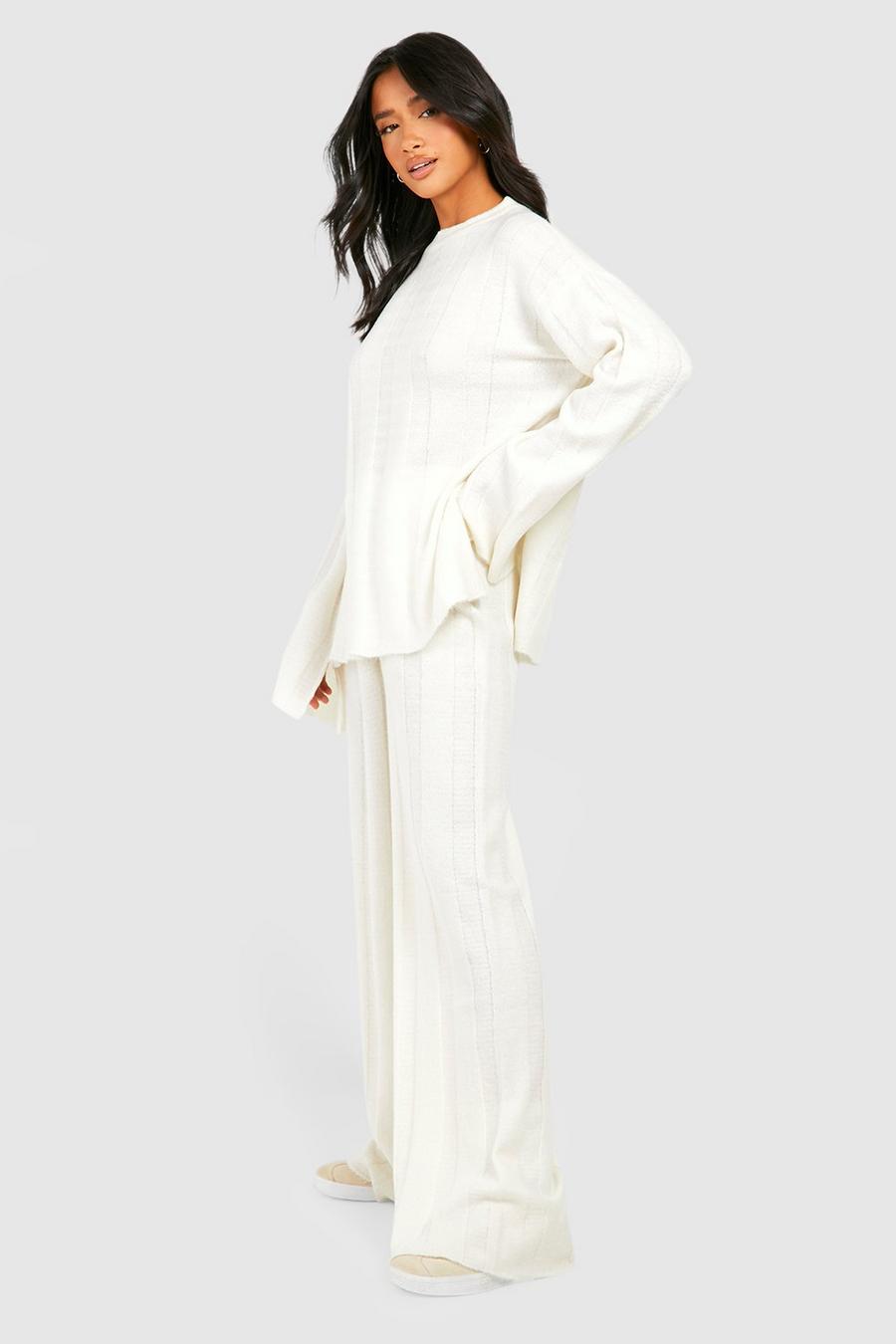 Off white Petite Soft Knit Wide Rib Jumper And Flares Knitted Co-ord  image number 1