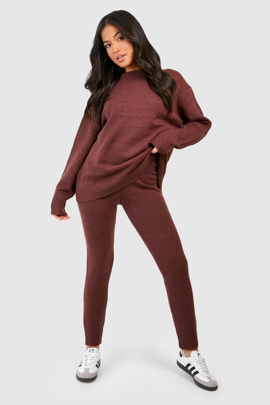 Chocolate Petite Soft Knit Crew Neck Jumper & Trouser Co-ord  image number 1