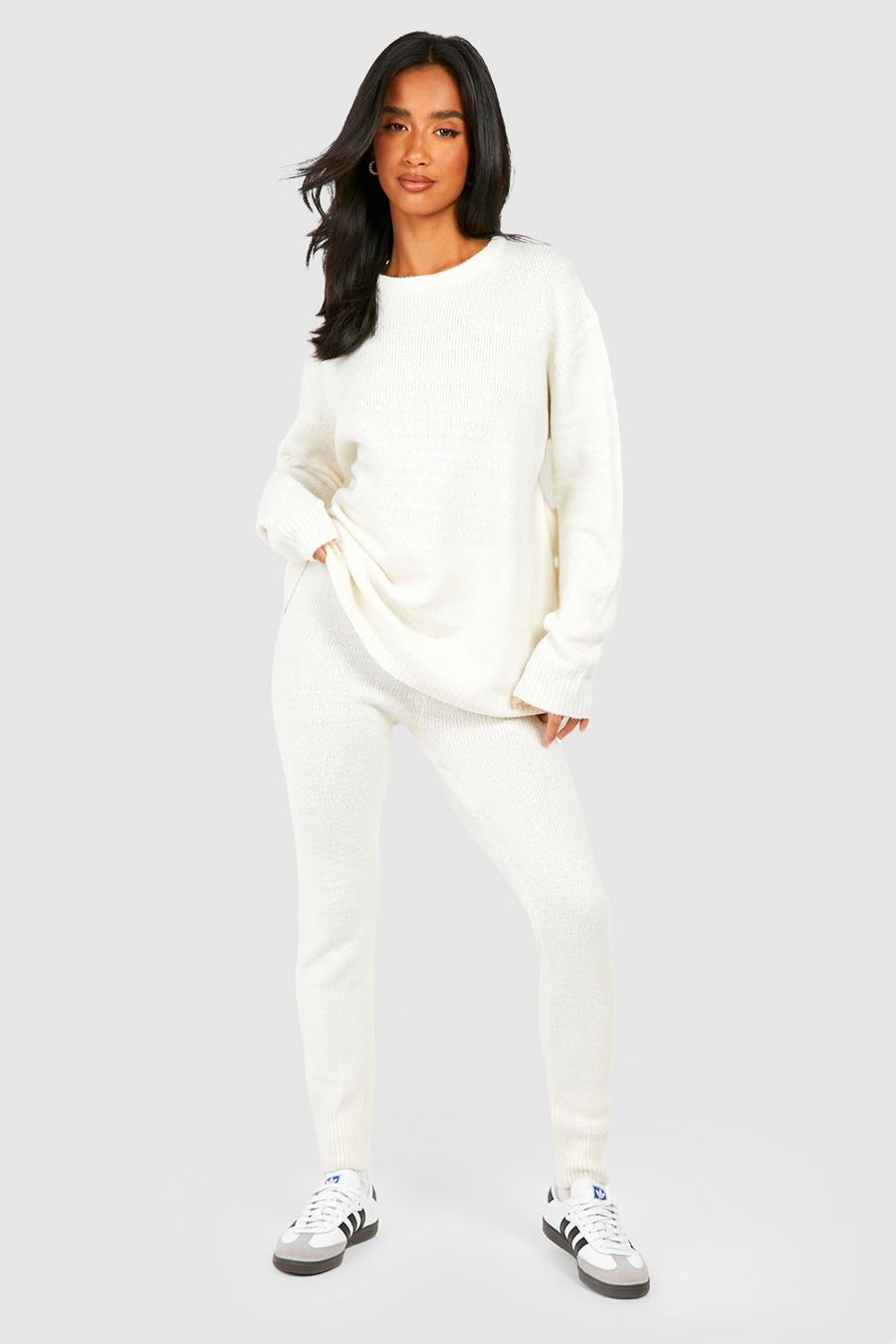 Ecru Petite Soft Knit Crew Neck Sweater & Pants Two-Piece image number 1