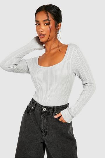 Petite Mixed Rib Square Neck Bodysuit grey