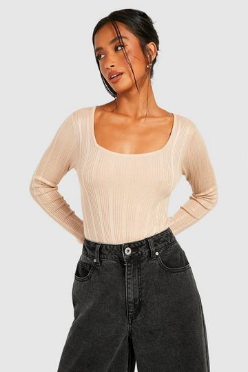 Petite Mixed Rib Square Neck Bodysuit stone